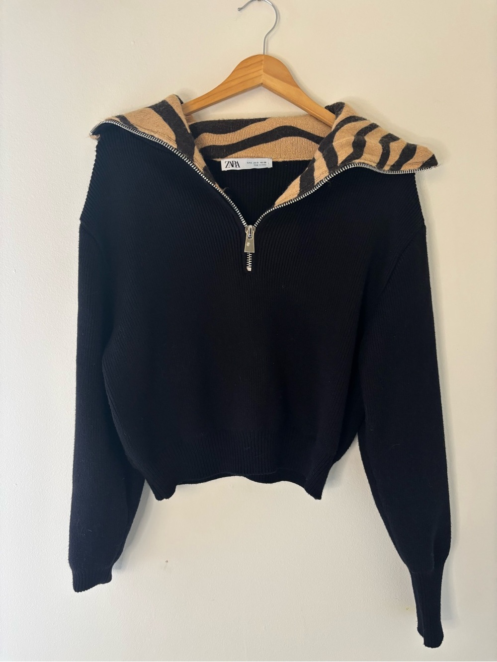 Zara Black Knit Half Zipped Turtleneck Sweater with Tan Animal Print Hood